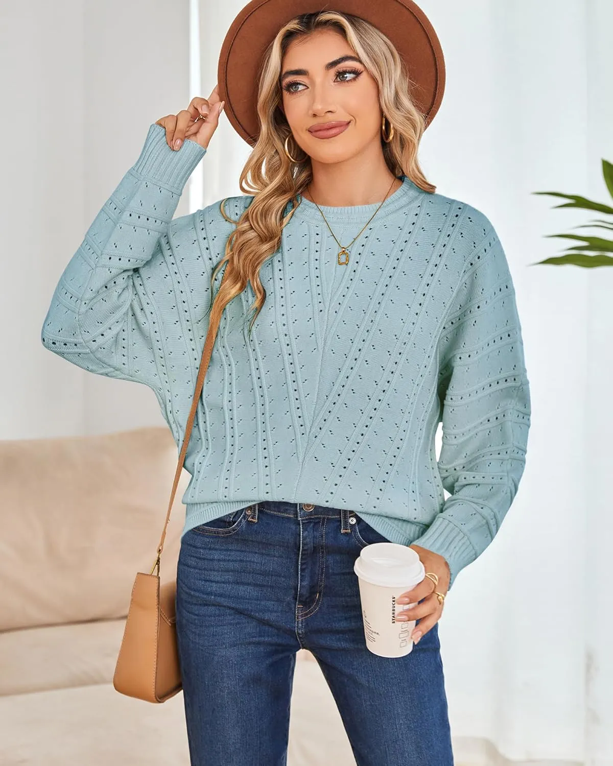Cakulo Womens 2024 Sweaters Oversized Fall Tunic Batwing Crochet Pullover Knit Sweater Trendy Crew Neck Top