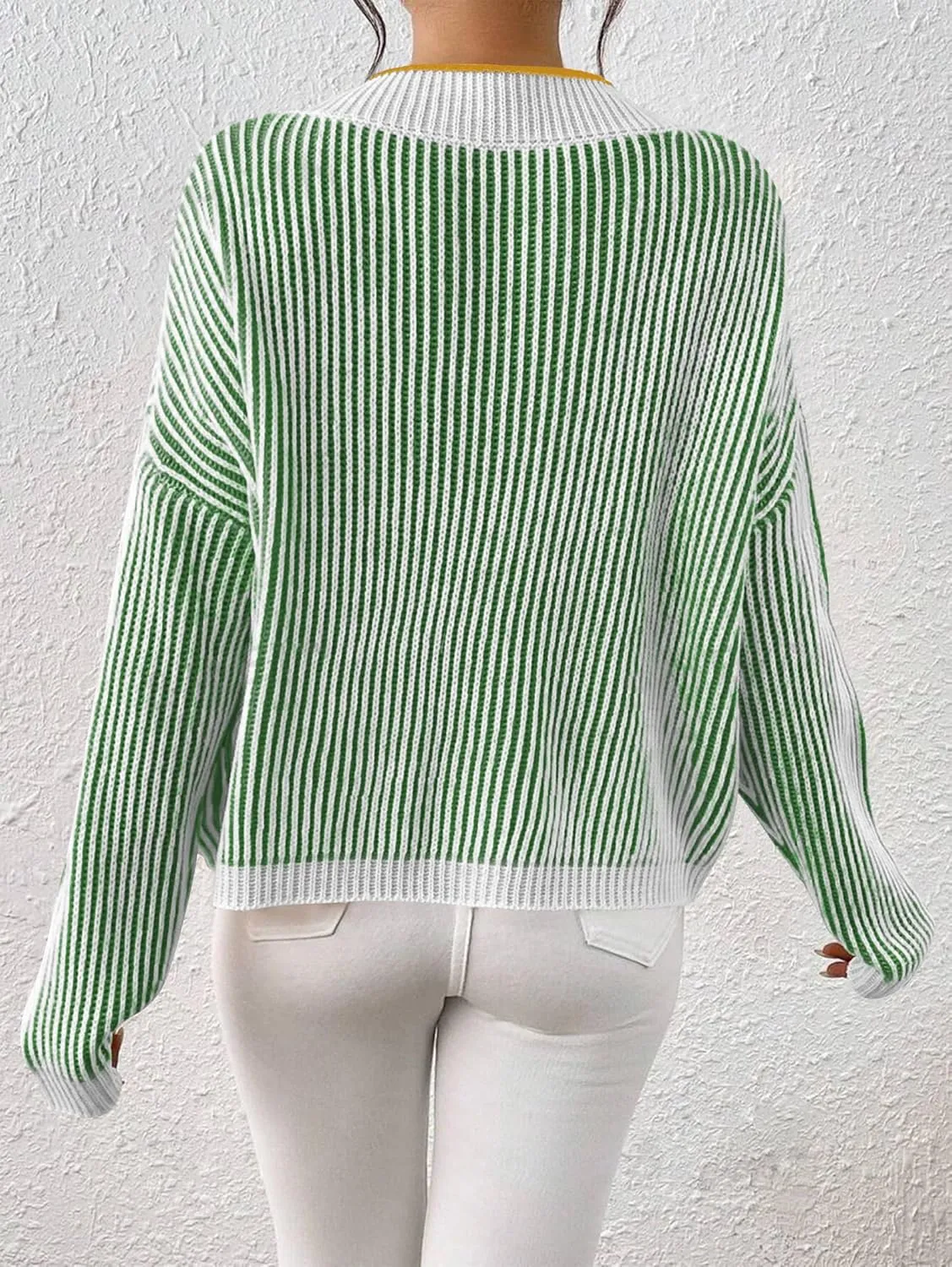 Cakulo Womens Fall 2024 Oversized Striped V Neck Sweaters Long Sleeve Knit Color Block Trendy Pullover Sweater Top