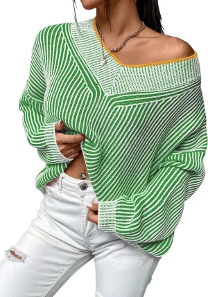 Cakulo Womens Fall 2024 Oversized Striped V Neck Sweaters Long Sleeve Knit Color Block Trendy Pullover Sweater Top