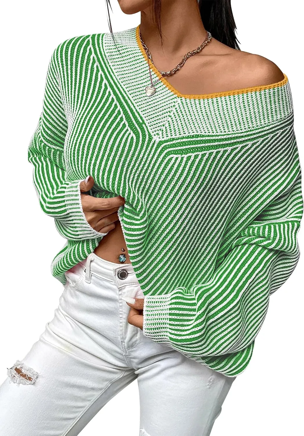 Cakulo Womens Fall 2024 Oversized Striped V Neck Sweaters Long Sleeve Knit Color Block Trendy Pullover Sweater Top