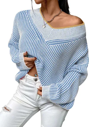 Cakulo Womens Fall 2024 Oversized Striped V Neck Sweaters Long Sleeve Knit Color Block Trendy Pullover Sweater Top