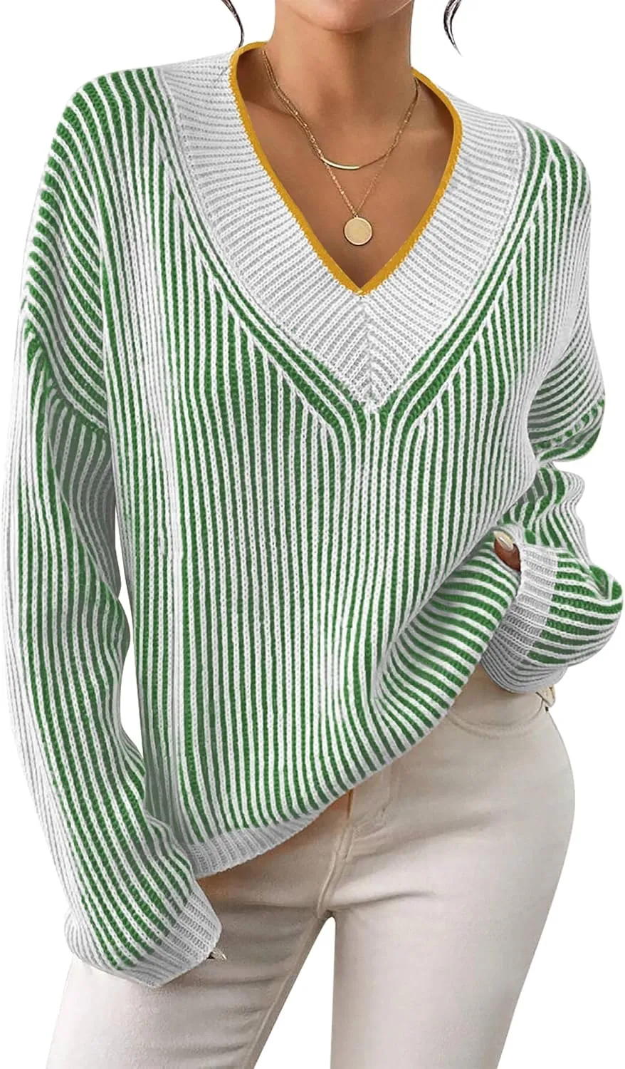 Cakulo Womens Fall 2024 Oversized Striped V Neck Sweaters Long Sleeve Knit Color Block Trendy Pullover Sweater Top