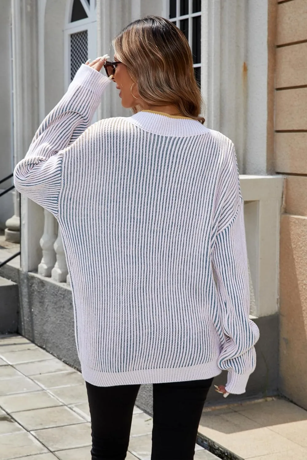 Cakulo Womens Fall 2024 Oversized Striped V Neck Sweaters Long Sleeve Knit Color Block Trendy Pullover Sweater Top