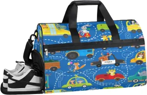 Car Cartoon Animals Sports Gym Bag with Wet Pocket & Shoes Compartment Waterproof Workout Duffel Bag for Women and Men Weekender Overnight Duffle Bag Travel Carry-on Tote
