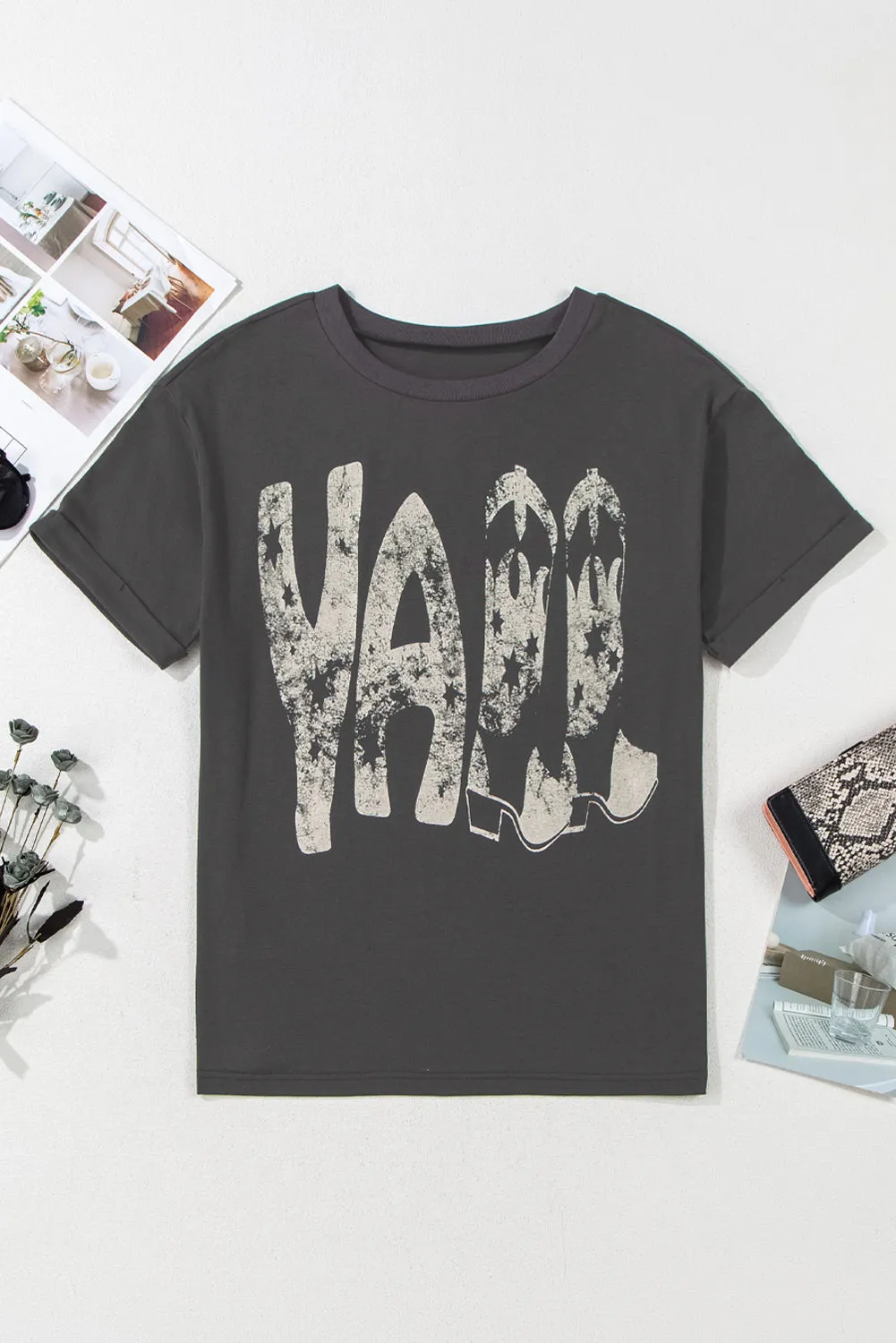 Carbon Grey Vintage Yall Cowboy Boots Graphic Tee Shirt