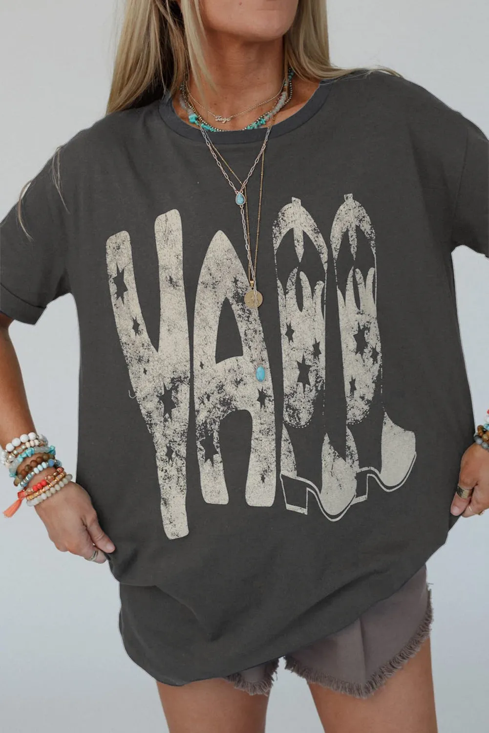Carbon Grey Vintage Yall Cowboy Boots Graphic Tee Shirt