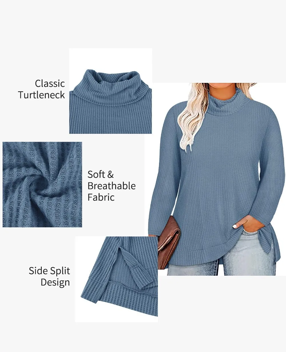 CARCOS Womens Plus Size Turtleneck Sweaters Long Sleeve Waffle Knit Tops Side Spilt Solid T-Shirts for Fall Winter