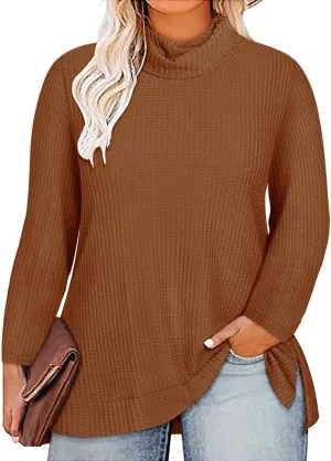 CARCOS Womens Plus Size Turtleneck Sweaters Long Sleeve Waffle Knit Tops Side Spilt Solid T-Shirts for Fall Winter