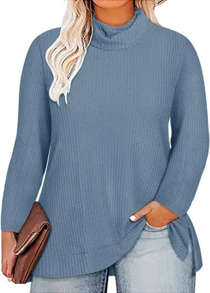 CARCOS Womens Plus Size Turtleneck Sweaters Long Sleeve Waffle Knit Tops Side Spilt Solid T-Shirts for Fall Winter