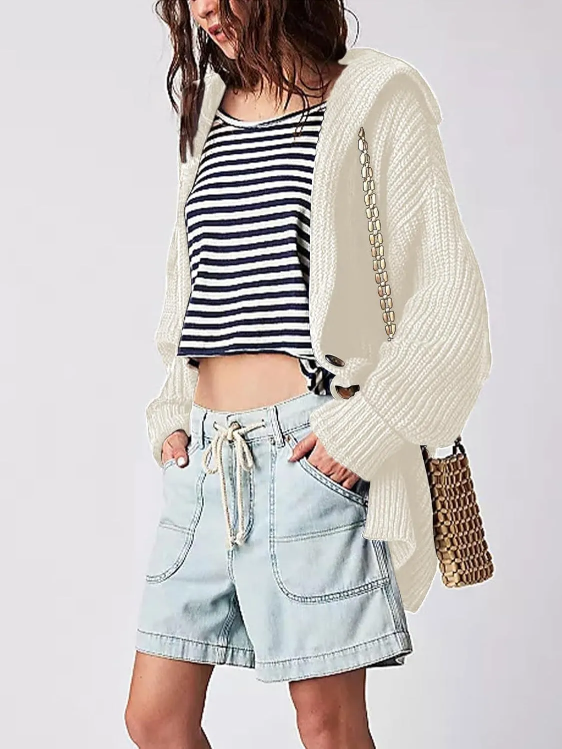 Cardigan Sweaters for Women Sailor Collar Long Sleeve Button Oversized Chunky Knit Trendy Slouchy Coat