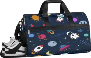 Cartoon Astronaut Space Sports Gym Bag with Wet Pocket & Shoes Compartment Waterproof Workout Duffel Bag for Women and Men Weekender Overnight Duffle Bag Travel Carry-on Tote