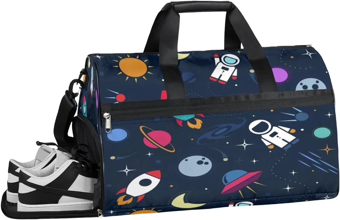 Cartoon Astronaut Space Sports Gym Bag with Wet Pocket & Shoes Compartment Waterproof Workout Duffel Bag for Women and Men Weekender Overnight Duffle Bag Travel Carry-on Tote