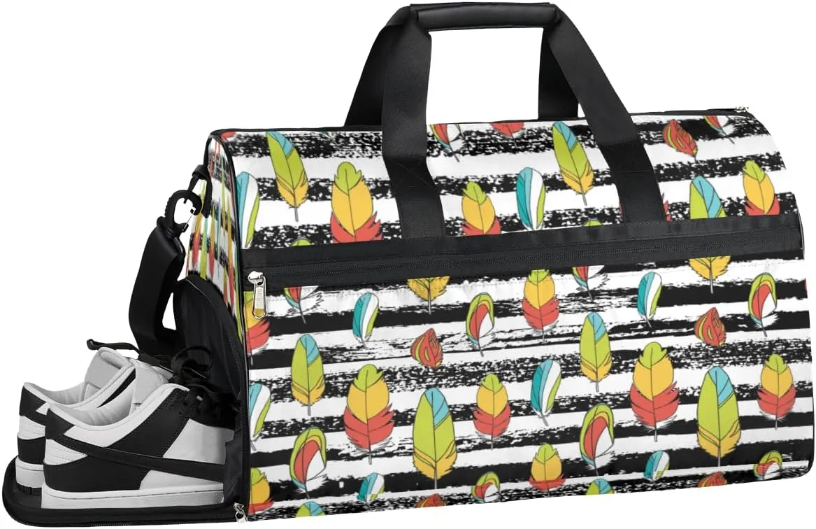 Cartoon Feather Sports Gym Bag with Wet Pocket & Shoes Compartment Waterproof Workout Duffel Bag for Women and Men Weekender Overnight Duffle Bag Travel Carry-on Tote