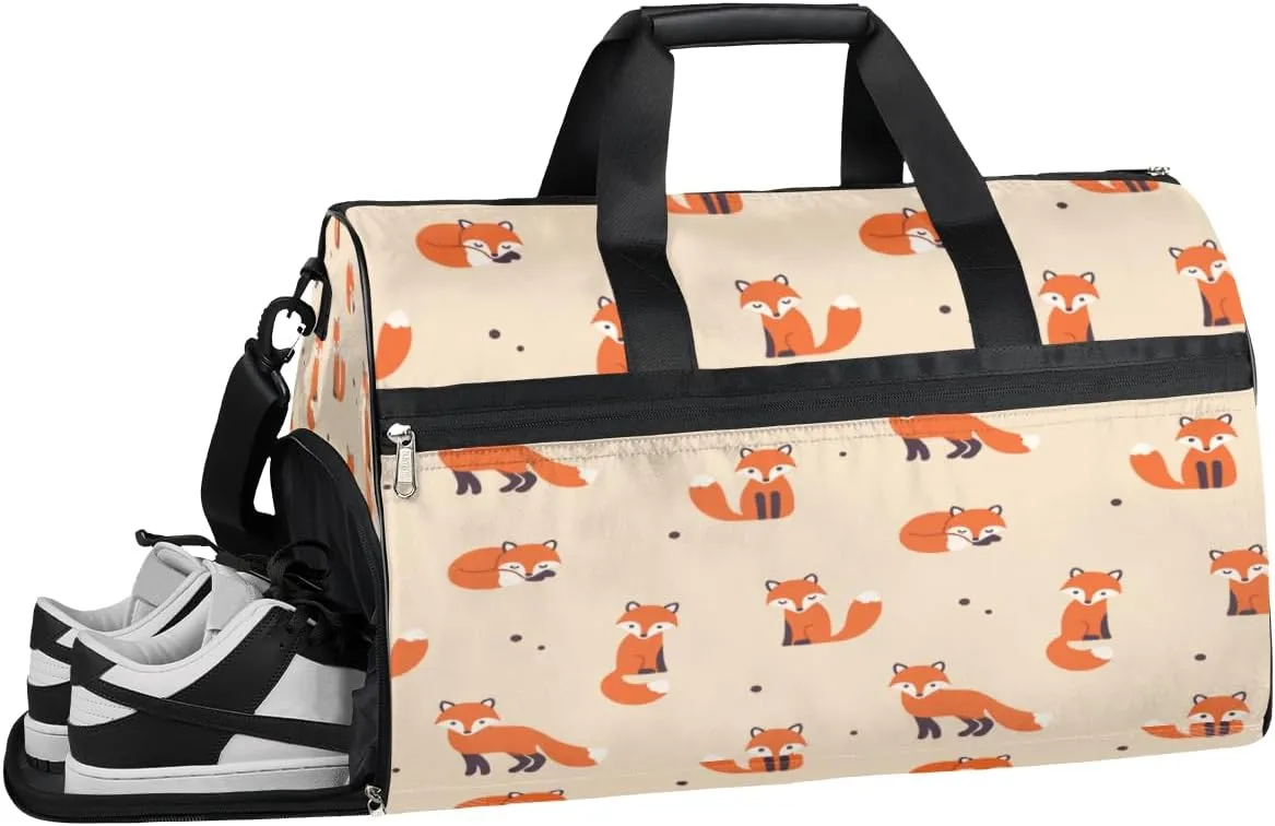 Cartoon Fox Print Sports Gym Bag with Wet Pocket & Shoes Compartment Waterproof Workout Duffel Bag for Women and Men Weekender Overnight Duffle Bag Travel Carry-on Tote