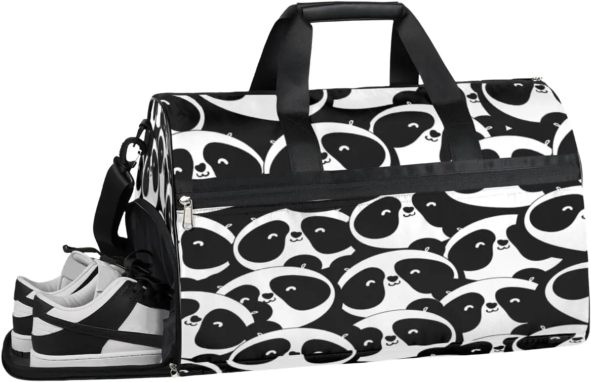 Cartoon Panda Design Sports Gym Bag with Wet Pocket & Shoes Compartment Waterproof Workout Duffel Bag for Women and Men Weekender Overnight Duffle Bag Travel Carry-on Tote
