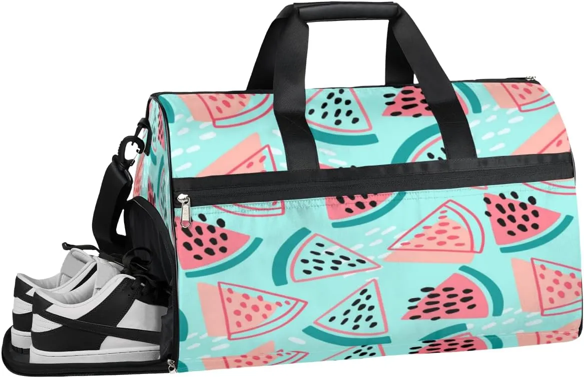 Cartoon Watermelon Pattern Sports Gym Bag with Wet Pocket & Shoes Compartment Waterproof Workout Duffel Bag for Women and Men Weekender Overnight Duffle Bag Travel Carry-on Tote