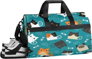 Cats Cute Animals Sports Gym Bag with Wet Pocket & Shoes Compartment Waterproof Workout Duffel Bag for Women and Men Weekender Overnight Duffle Bag Travel Carry-on Tote