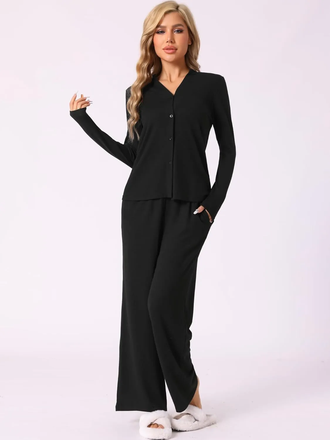 cheibear Womens Button Down Pajamas Knit 2024 Loungewear Tops with Pants Two Pieces Long Sleeve Pj Sets