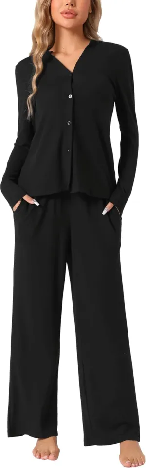 cheibear Womens Button Down Pajamas Knit 2024 Loungewear Tops with Pants Two Pieces Long Sleeve Pj Sets