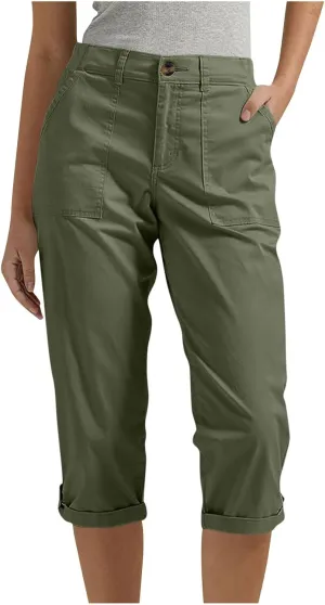 Chino Capris for Women Buttoned High Elastic Waist Cargo Pant Summer Casual Solid Color Straight Leg Cropped Pant