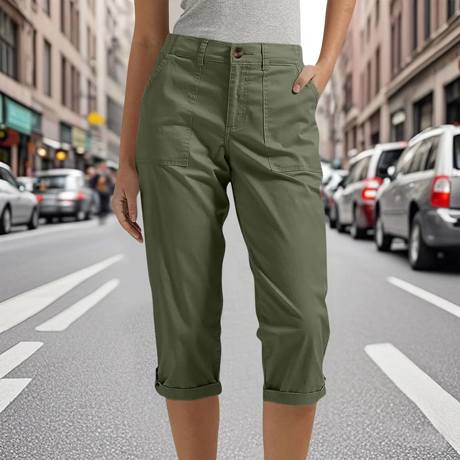 Chino Capris for Women Buttoned High Elastic Waist Cargo Pant Summer Casual Solid Color Straight Leg Cropped Pant