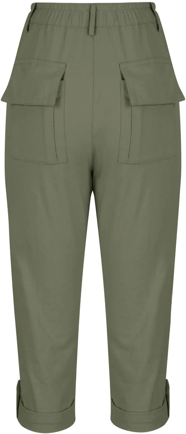 Chino Capris for Women Buttoned High Elastic Waist Cargo Pant Summer Casual Solid Color Straight Leg Cropped Pant