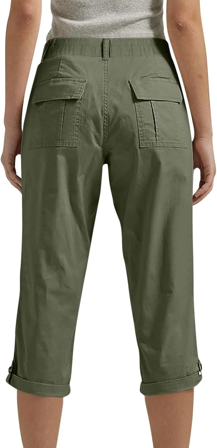 Chino Capris for Women Buttoned High Elastic Waist Cargo Pant Summer Casual Solid Color Straight Leg Cropped Pant