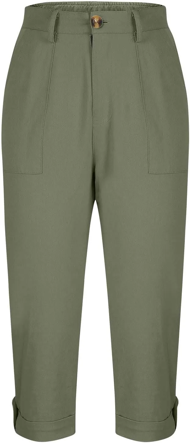 Chino Capris for Women Buttoned High Elastic Waist Cargo Pant Summer Casual Solid Color Straight Leg Cropped Pant