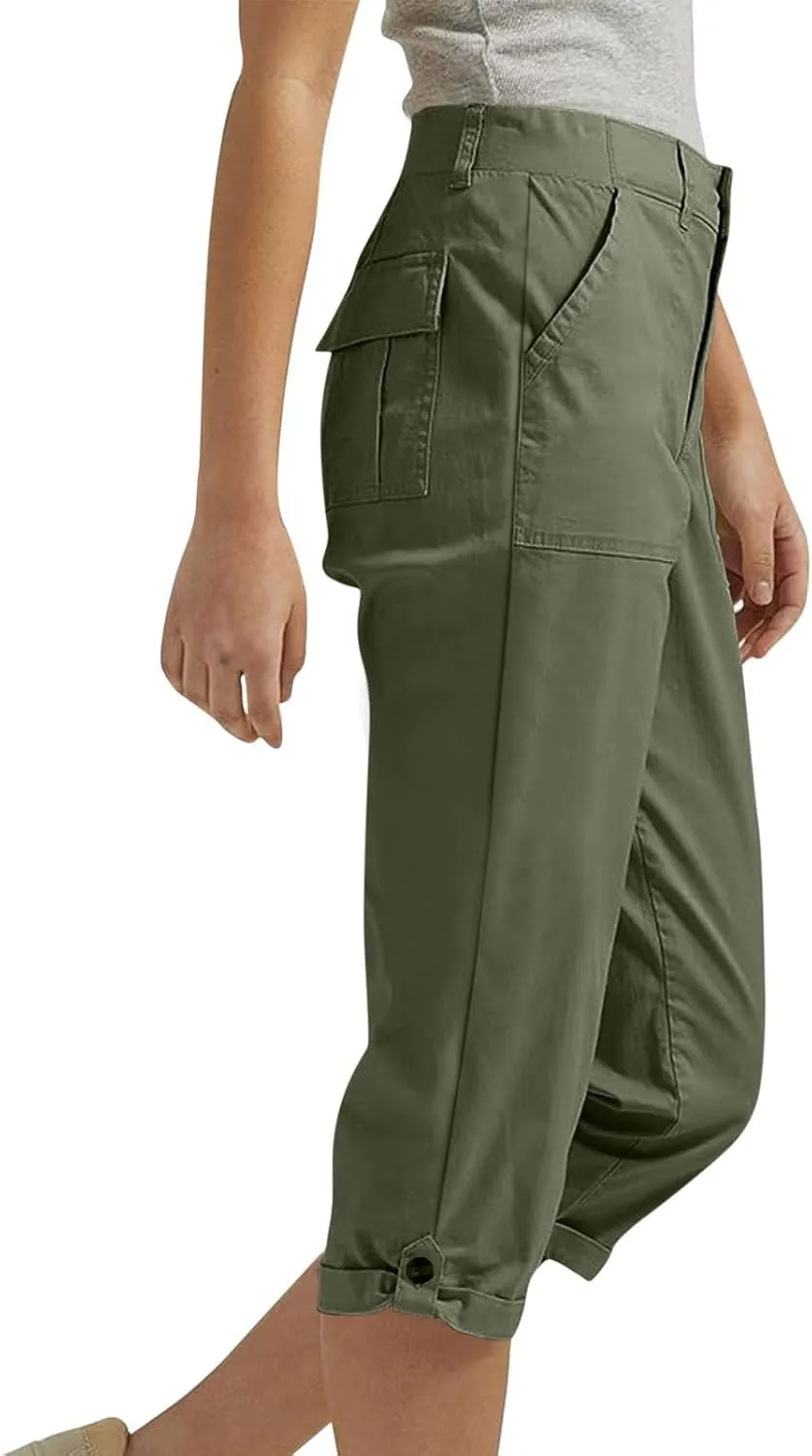 Chino Capris for Women Buttoned High Elastic Waist Cargo Pant Summer Casual Solid Color Straight Leg Cropped Pant