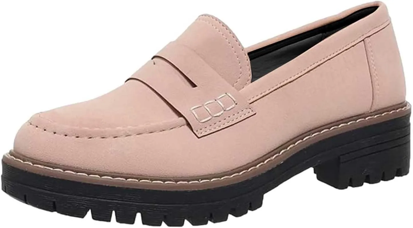 Chunky Loafers Women Wide Slip On Shoes Comfortable Platform Loafers Leather Lug Sole Loafers Casual Penny Loafers