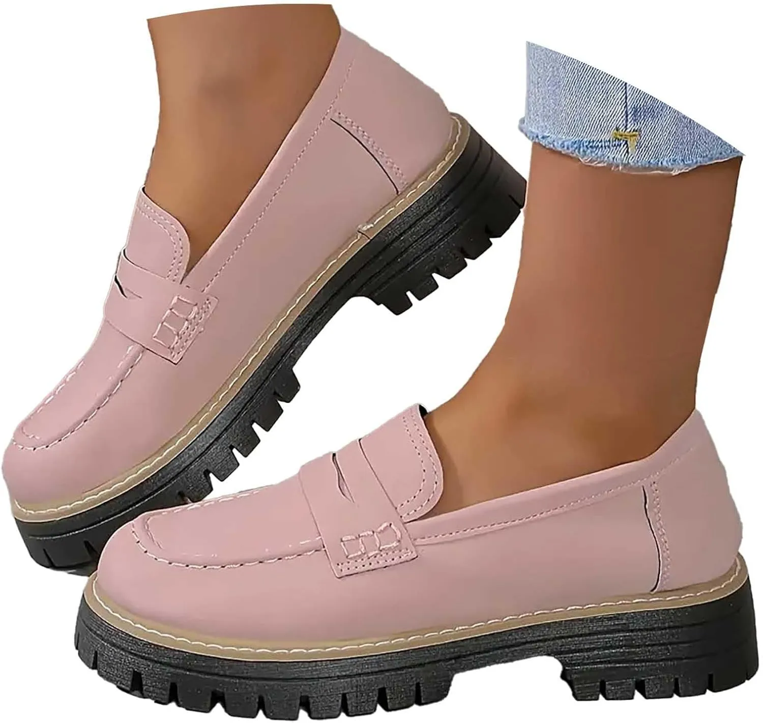 Chunky Loafers Women Wide Slip On Shoes Comfortable Platform Loafers Leather Lug Sole Loafers Casual Penny Loafers