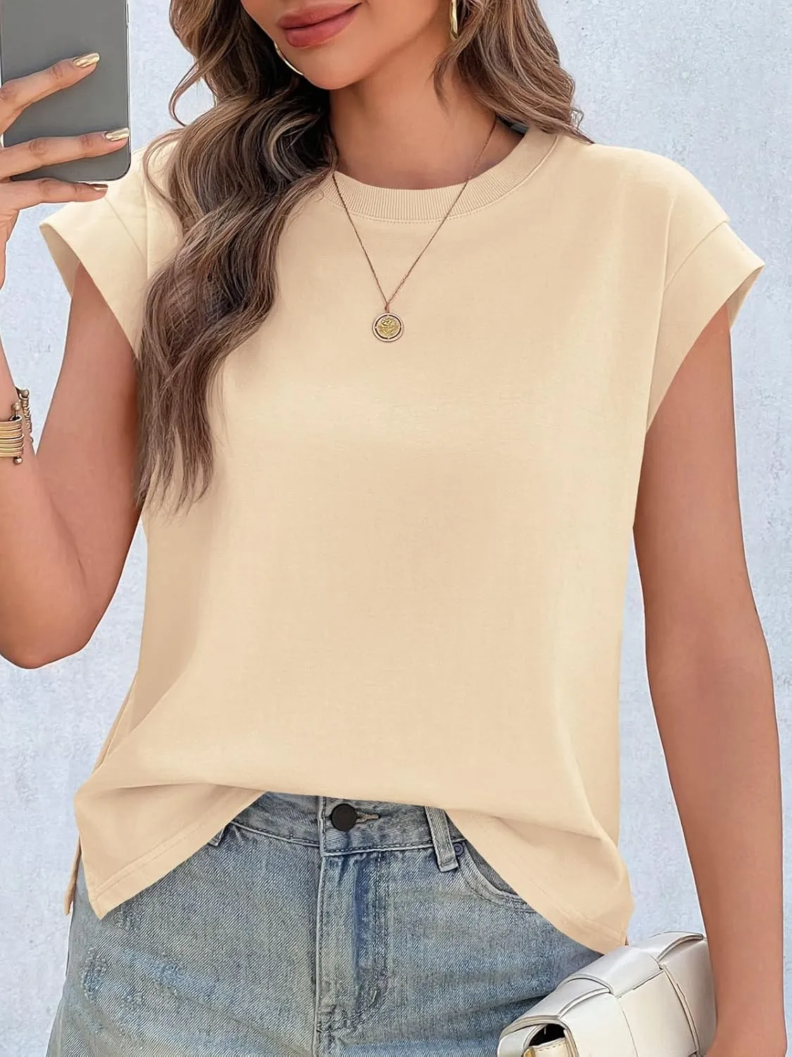Cicy Bell Womens Cap Sleeve Cotton Tank Tops Summer Casual Loose Fit T Shirts Crew Neck Basic Tee
