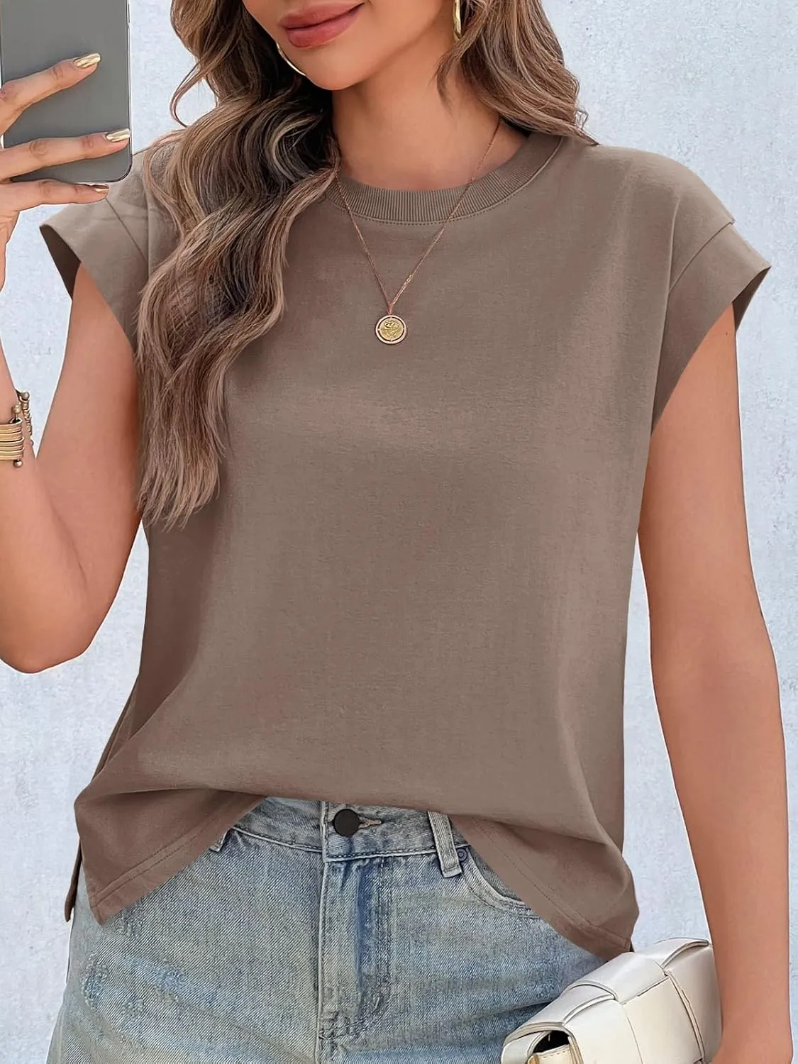 Cicy Bell Womens Cap Sleeve Cotton Tank Tops Summer Casual Loose Fit T Shirts Crew Neck Basic Tee