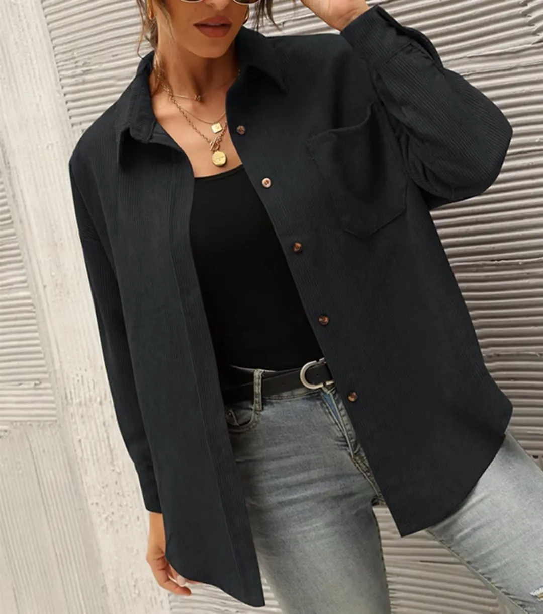 Corduroy Button Down Shirts for Women Boyfriend Long Sleeve Pocket Oversized Blouses Tops