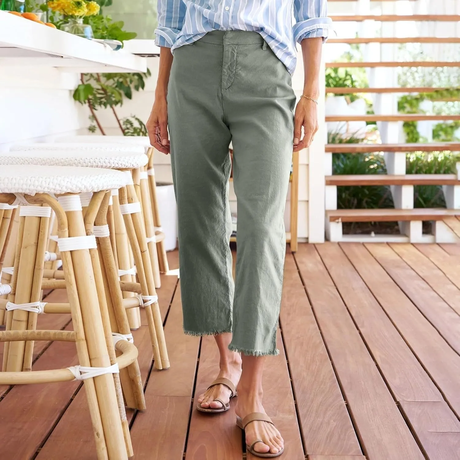 Cotton Linen Cropped Pants Women Straight Leg Capris Summer Business Casual Work Pants Ankle Length Chino Trousers