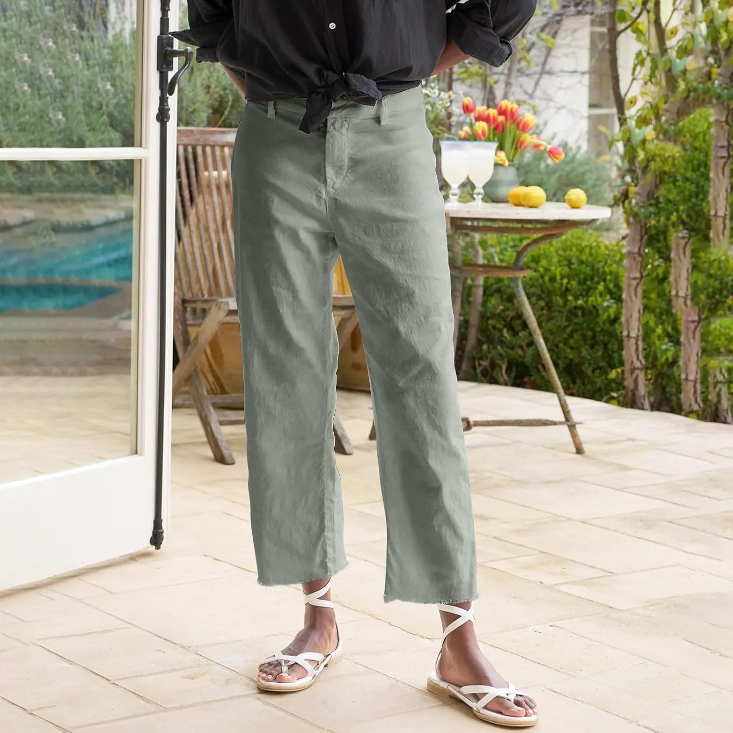 Cotton Linen Cropped Pants Women Straight Leg Capris Summer Business Casual Work Pants Ankle Length Chino Trousers