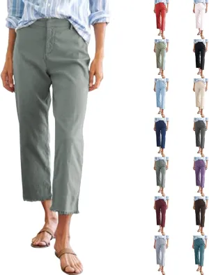 Cotton Linen Cropped Pants Women Straight Leg Capris Summer Business Casual Work Pants Ankle Length Chino Trousers