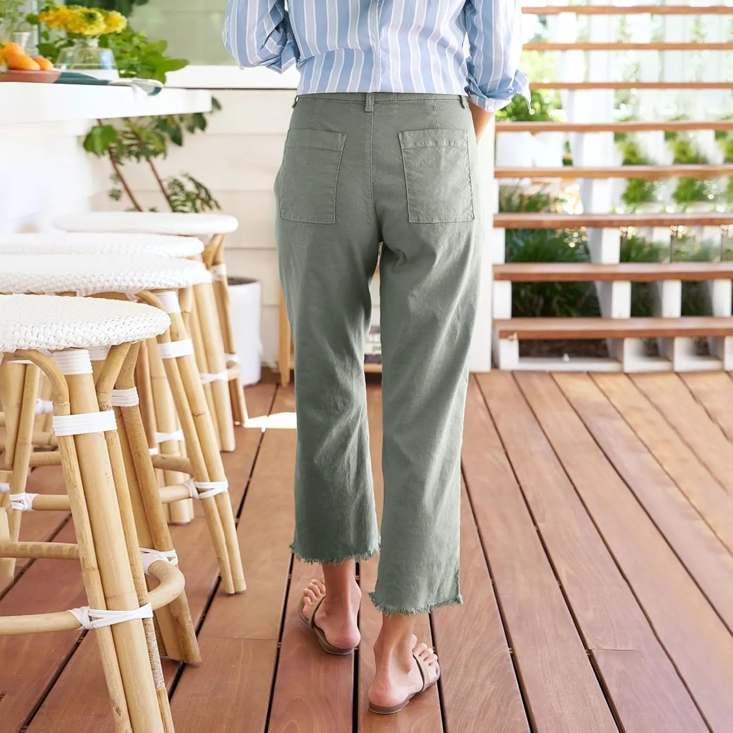 Cotton Linen Cropped Pants Women Straight Leg Capris Summer Business Casual Work Pants Ankle Length Chino Trousers
