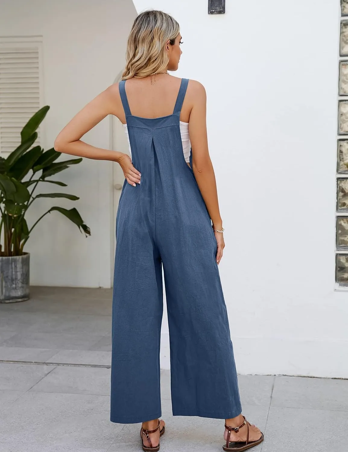 COZYPOIN Women's Cotton Bib Overalls Wide Leg Loose Fit Jumpsuit Baggy Fashion Sleeveless Rompers