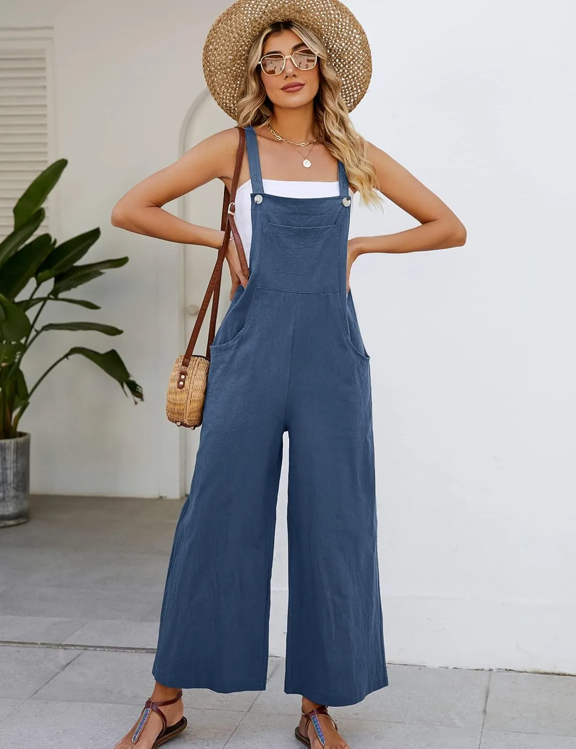 COZYPOIN Women's Cotton Bib Overalls Wide Leg Loose Fit Jumpsuit Baggy Fashion Sleeveless Rompers