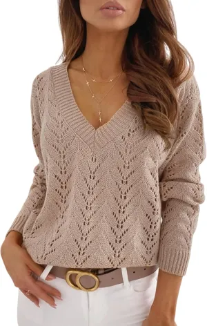 CUPSHE Women's Sweater V Neck Long Sleeve Hollow Cable Knit Pullover Tops Mist Pink, S