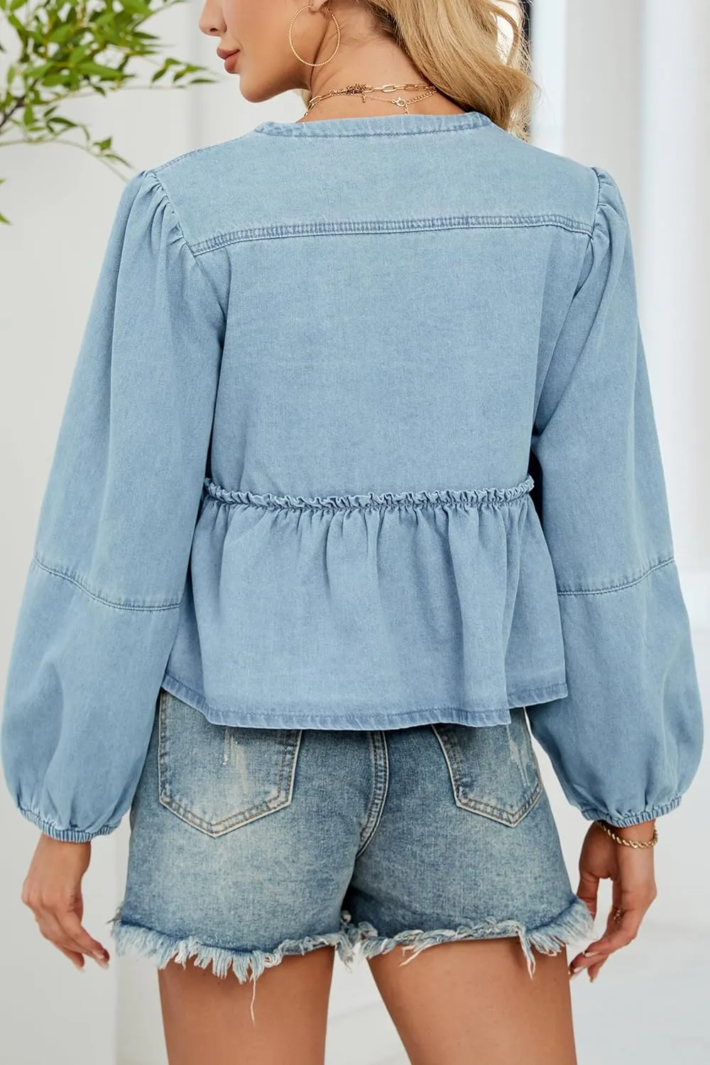 D-Sun Women V-Neck Tie Front Denim Shirt Peplum Babydoll Jean Blouse Long Puff Sleeves Y2K Cropped Bow Open Front Top Jacket