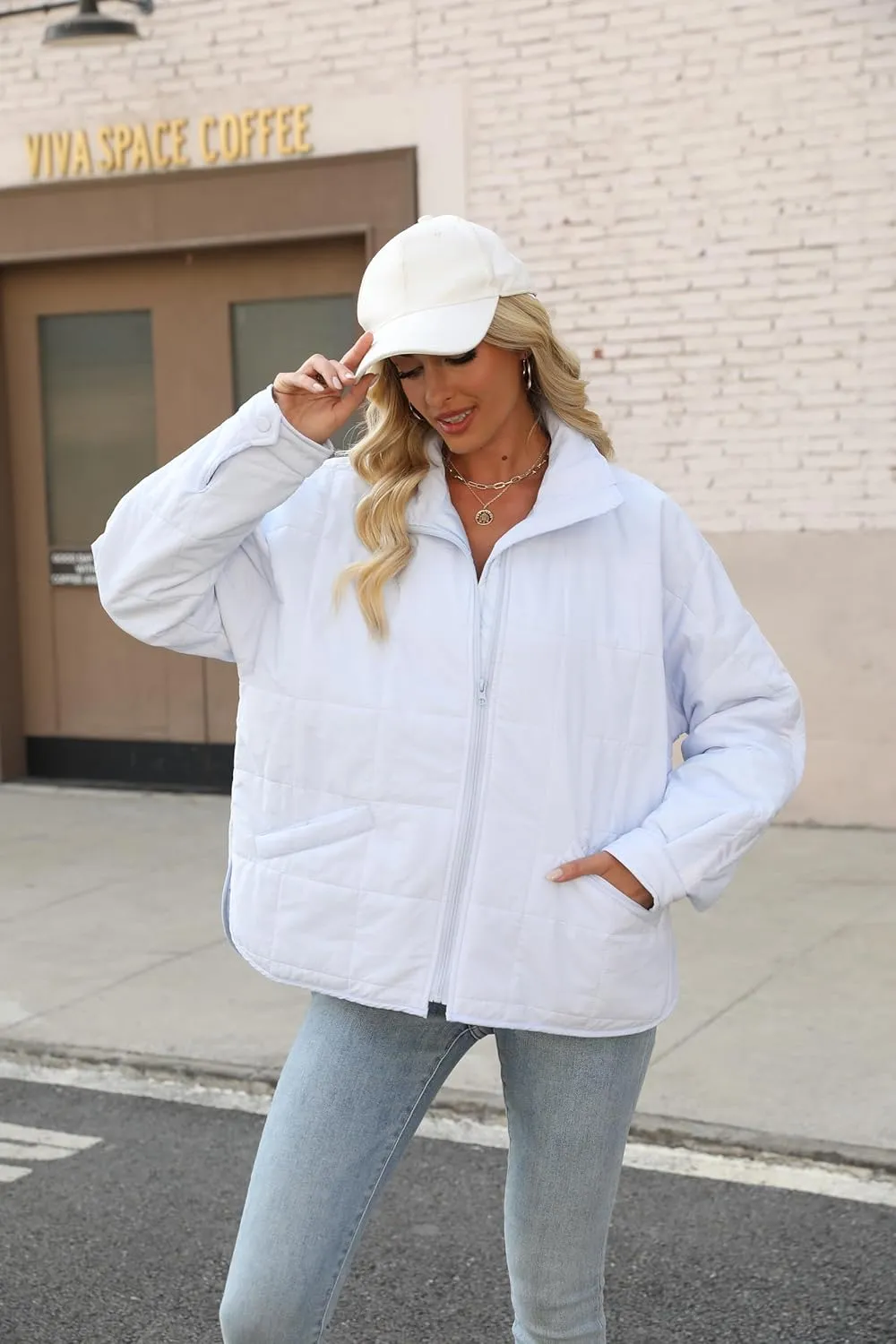 D-Sun Womens Quilted Jacket Lightweight Down Oversized Zipper Long Sleeve Puffer Jacket Winter Coat