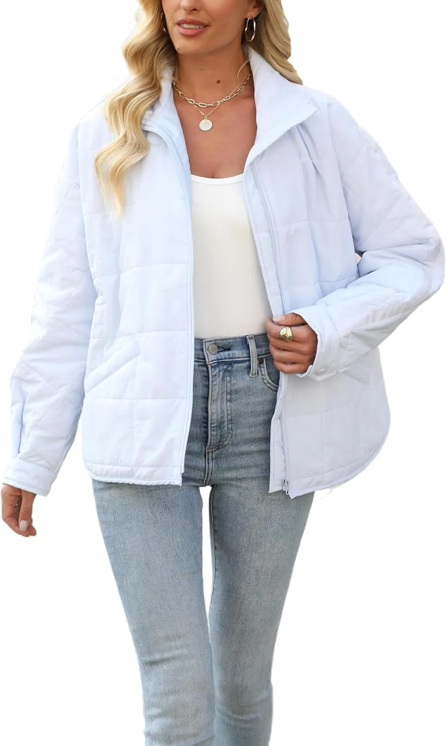 D-Sun Womens Quilted Jacket Lightweight Down Oversized Zipper Long Sleeve Puffer Jacket Winter Coat