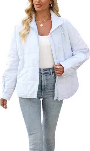 D-Sun Womens Quilted Jacket Lightweight Down Oversized Zipper Long Sleeve Puffer Jacket Winter Coat