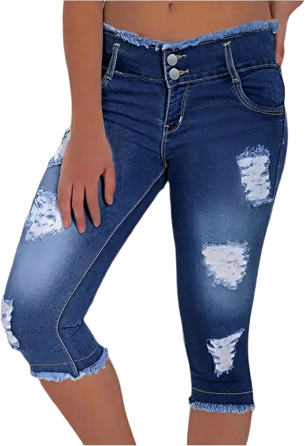 Denim Capri Pants for Women Skinny Ripped Low Rise Jeans with Pockets Casual Skinny Crop Denim Pants with Pockets
