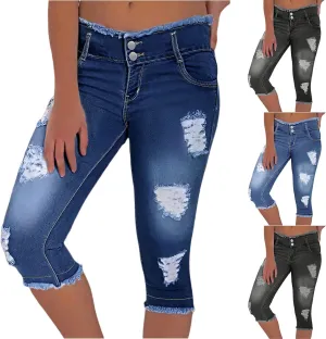 Denim Capri Pants for Women Skinny Ripped Low Rise Jeans with Pockets Casual Skinny Crop Denim Pants with Pockets