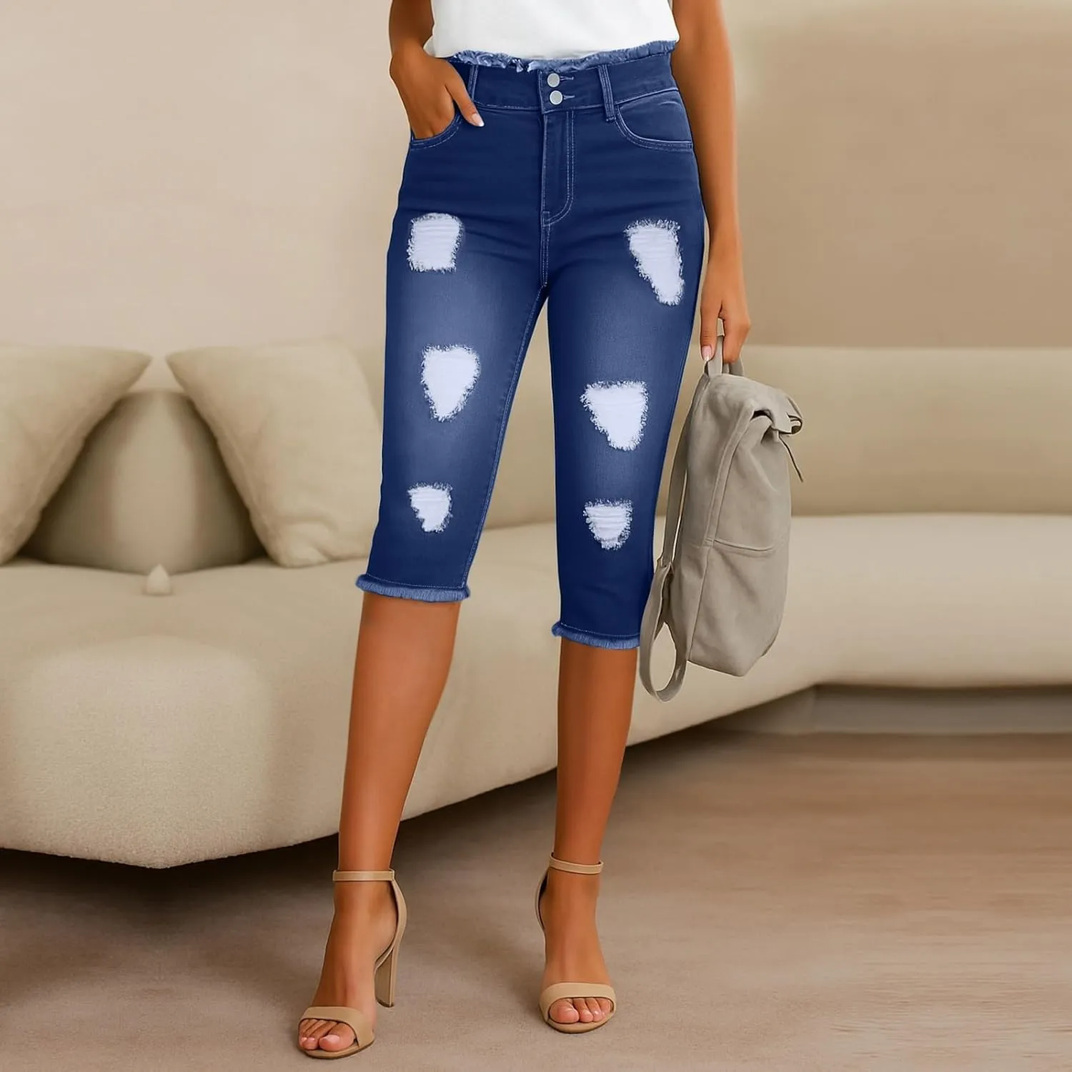 Denim Capri Pants for Women Skinny Ripped Low Rise Jeans with Pockets Casual Skinny Crop Denim Pants with Pockets