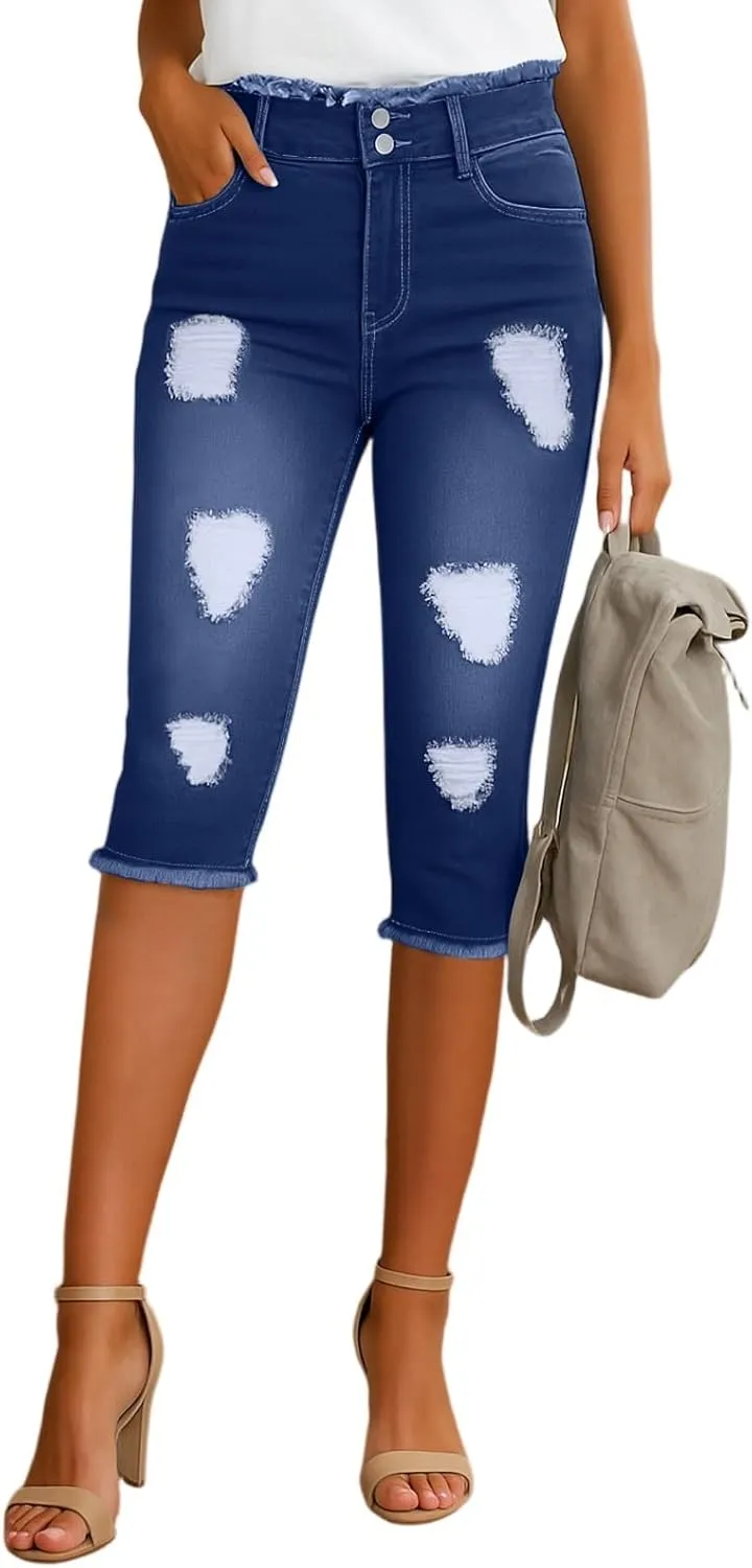 Denim Capri Pants for Women Skinny Ripped Low Rise Jeans with Pockets Casual Skinny Crop Denim Pants with Pockets