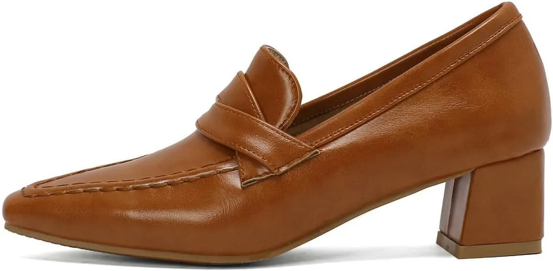 DINTAHA Pointed Toe Chunky Heeled Loafers for Women Slip-On Pumps Dressy Business Casual Dress Shoes